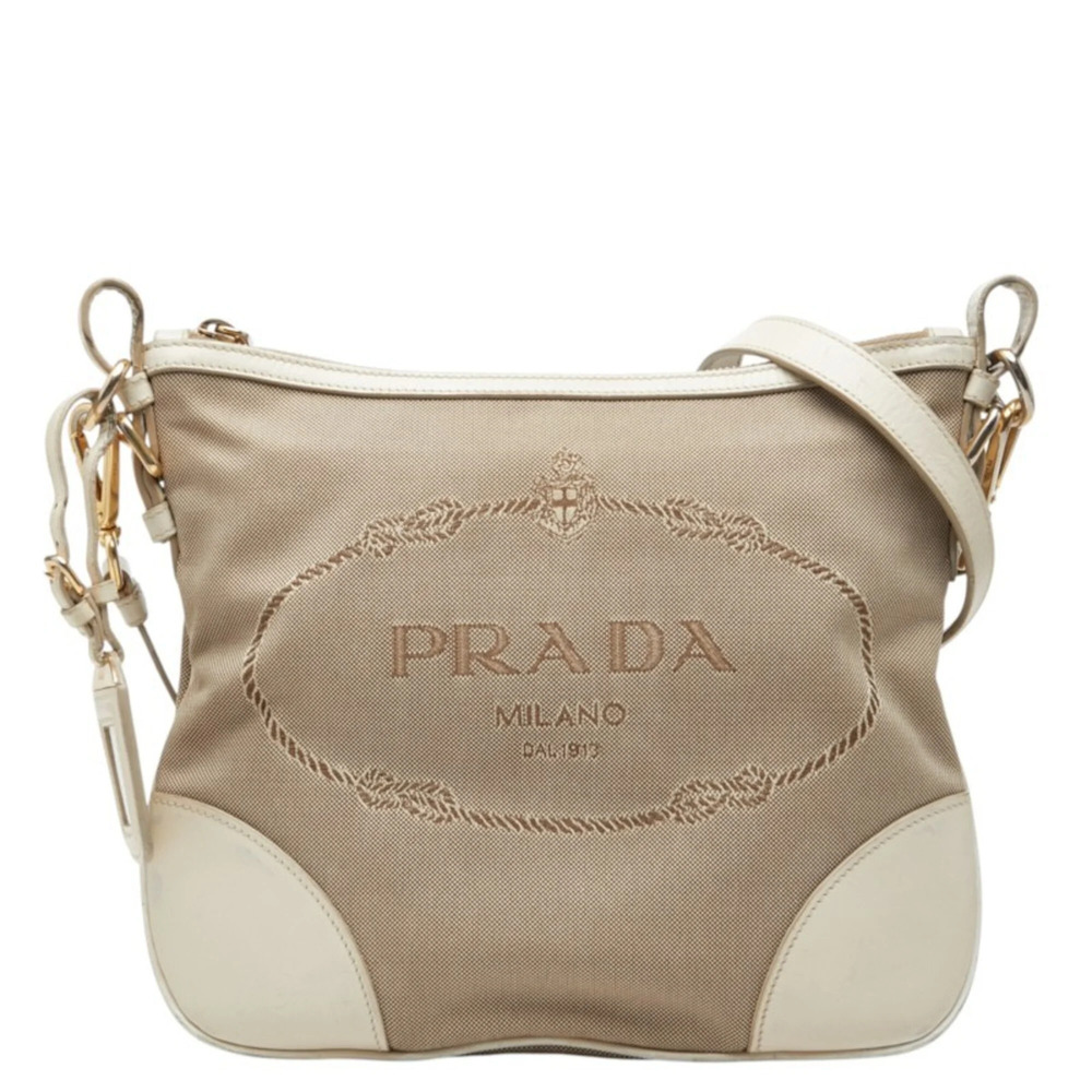 Prada Logo Crossbody Shoulder Bag, Beige and White Canvas Leather, Women's PRADA